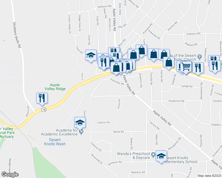 map of restaurants, bars, coffee shops, grocery stores, and more near 15751-15869 Quantico Ln in Apple Valley