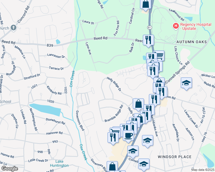 map of restaurants, bars, coffee shops, grocery stores, and more near 415 Holly Ridge Drive in Anderson