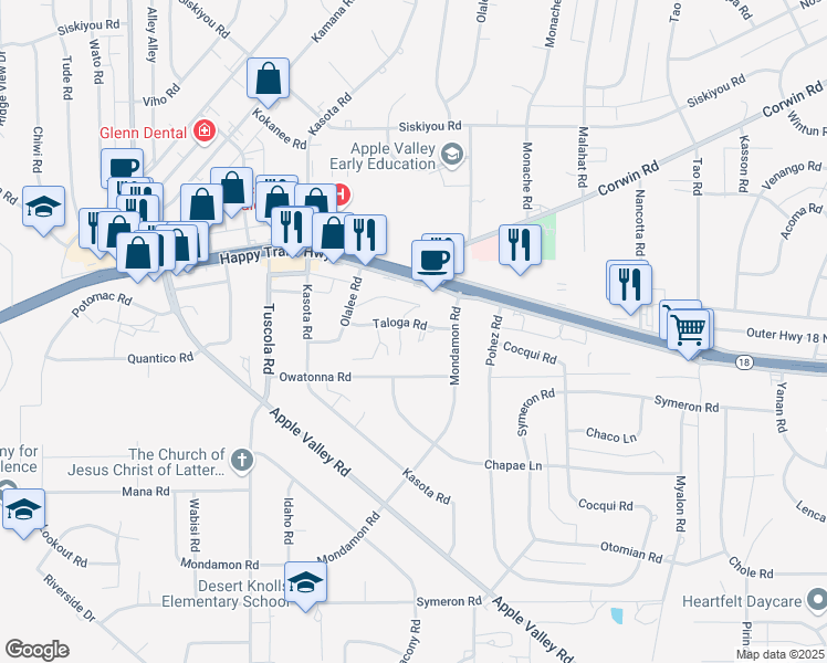 map of restaurants, bars, coffee shops, grocery stores, and more near 18383 Taloga Road in Apple Valley