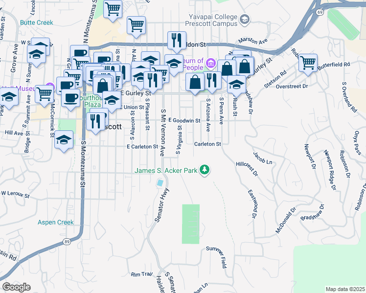 map of restaurants, bars, coffee shops, grocery stores, and more near 308 South Washington Street in Prescott