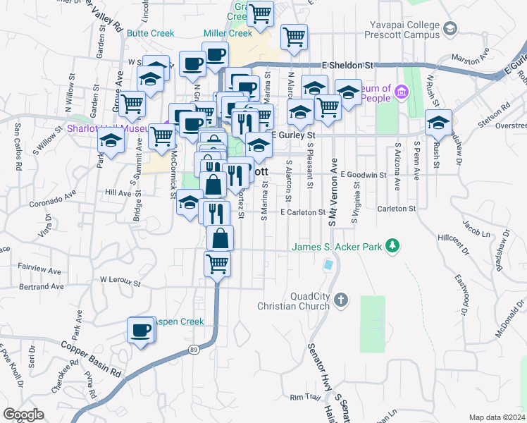 map of restaurants, bars, coffee shops, grocery stores, and more near 300 S Marina St in Prescott
