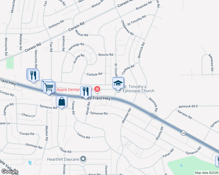 map of restaurants, bars, coffee shops, grocery stores, and more near 19287 Allegheny Road in Apple Valley