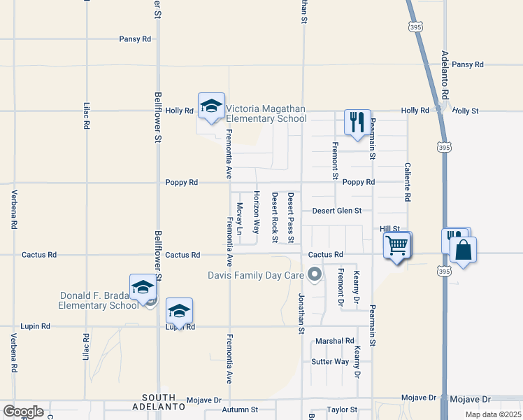 map of restaurants, bars, coffee shops, grocery stores, and more near 15823 Horizon Way in Adelanto