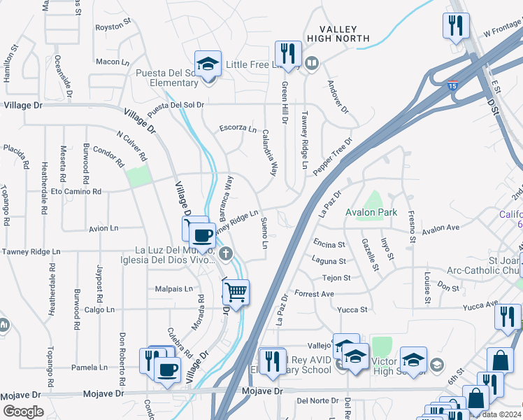 map of restaurants, bars, coffee shops, grocery stores, and more near Sueno Lane in Victorville