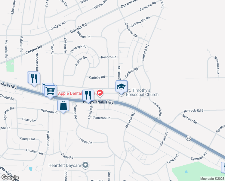 map of restaurants, bars, coffee shops, grocery stores, and more near 19287 Allegheny Road in Apple Valley