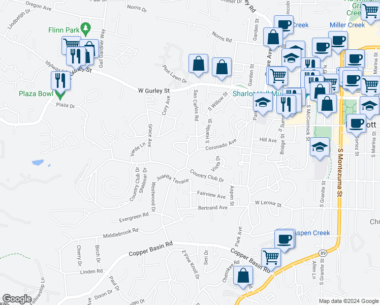 map of restaurants, bars, coffee shops, grocery stores, and more near 816 Coronado Avenue in Prescott