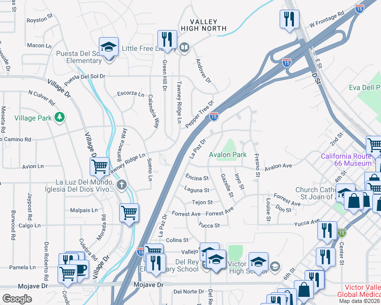 map of restaurants, bars, coffee shops, grocery stores, and more near 15772 La Paz Drive in Victorville