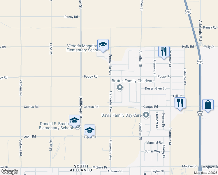map of restaurants, bars, coffee shops, grocery stores, and more near Delicious Street in Adelanto