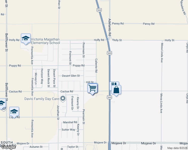 map of restaurants, bars, coffee shops, grocery stores, and more near 11980 Macon Court in Adelanto