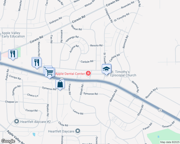 map of restaurants, bars, coffee shops, grocery stores, and more near Allegheny Road in Apple Valley