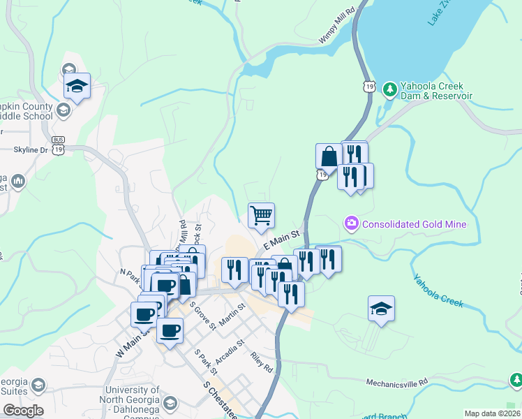 map of restaurants, bars, coffee shops, grocery stores, and more near 99 Turner Road in Dahlonega