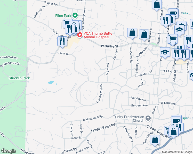 map of restaurants, bars, coffee shops, grocery stores, and more near 390 Verde Lane in Prescott