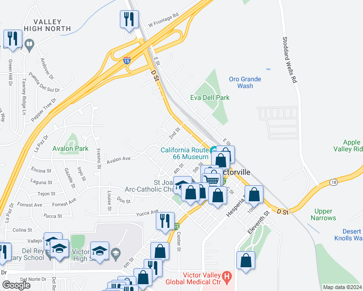 map of restaurants, bars, coffee shops, grocery stores, and more near 3rd Street in Victorville