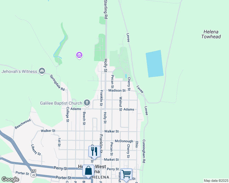 map of restaurants, bars, coffee shops, grocery stores, and more near 1304 Pecan Street in Helena-West Helena