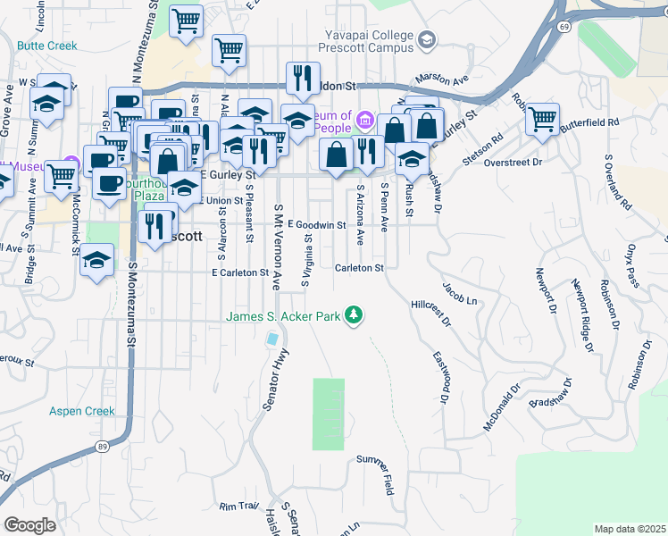 map of restaurants, bars, coffee shops, grocery stores, and more near 406 Carleton Street in Prescott