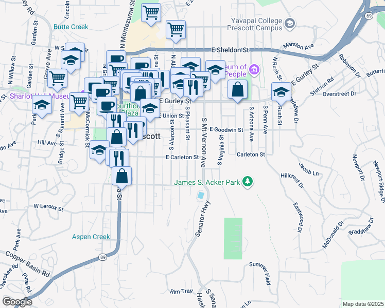 map of restaurants, bars, coffee shops, grocery stores, and more near 313 South Pleasant Street in Prescott