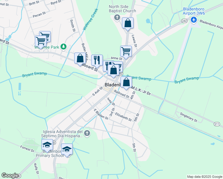 map of restaurants, bars, coffee shops, grocery stores, and more near North Carolina 242 in Bladenboro