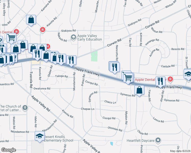 map of restaurants, bars, coffee shops, grocery stores, and more near Outer Highway 18 South in Apple Valley