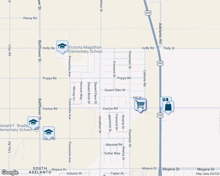 map of restaurants, bars, coffee shops, grocery stores, and more near 11746 Desert Glen Street in Adelanto