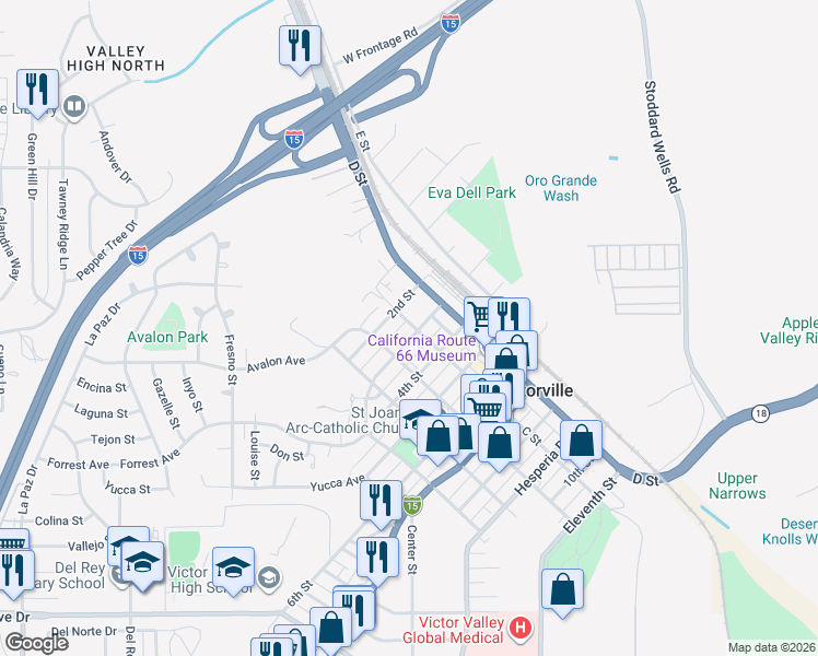 map of restaurants, bars, coffee shops, grocery stores, and more near 3rd Street in Victorville
