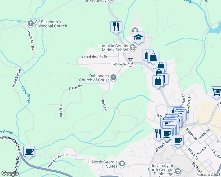 map of restaurants, bars, coffee shops, grocery stores, and more near 9 West Circle in Dahlonega