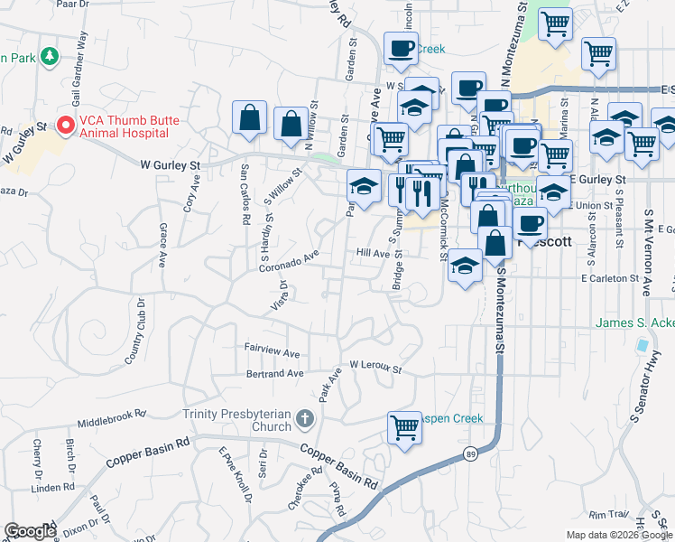 map of restaurants, bars, coffee shops, grocery stores, and more near 239 Park Avenue in Prescott