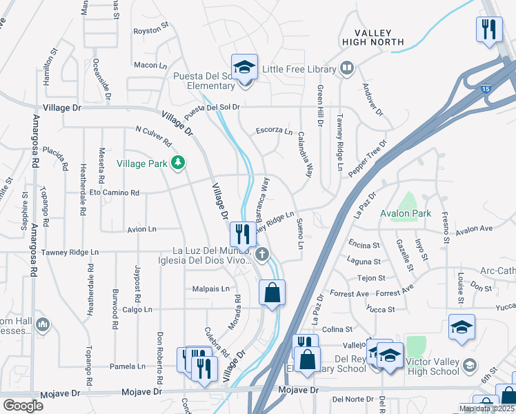map of restaurants, bars, coffee shops, grocery stores, and more near Barranca Way in Victorville