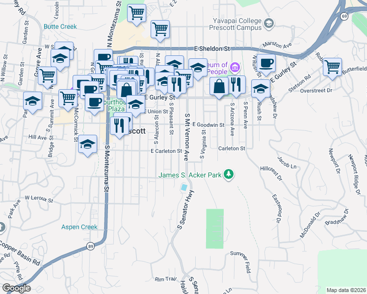 map of restaurants, bars, coffee shops, grocery stores, and more near 221 South Pleasant Street in Prescott