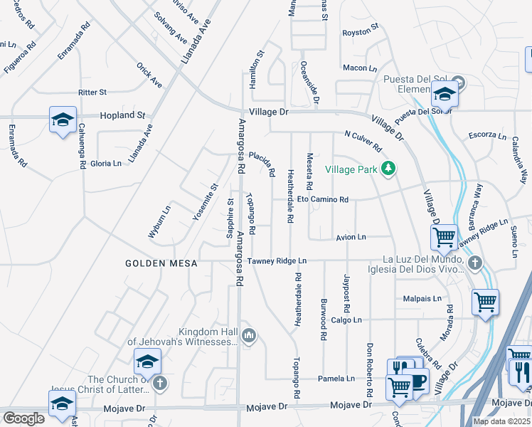 map of restaurants, bars, coffee shops, grocery stores, and more near 15834 Placida Road in Victorville
