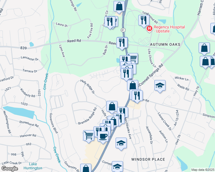 map of restaurants, bars, coffee shops, grocery stores, and more near 2A Shadow Creek Lane in Anderson