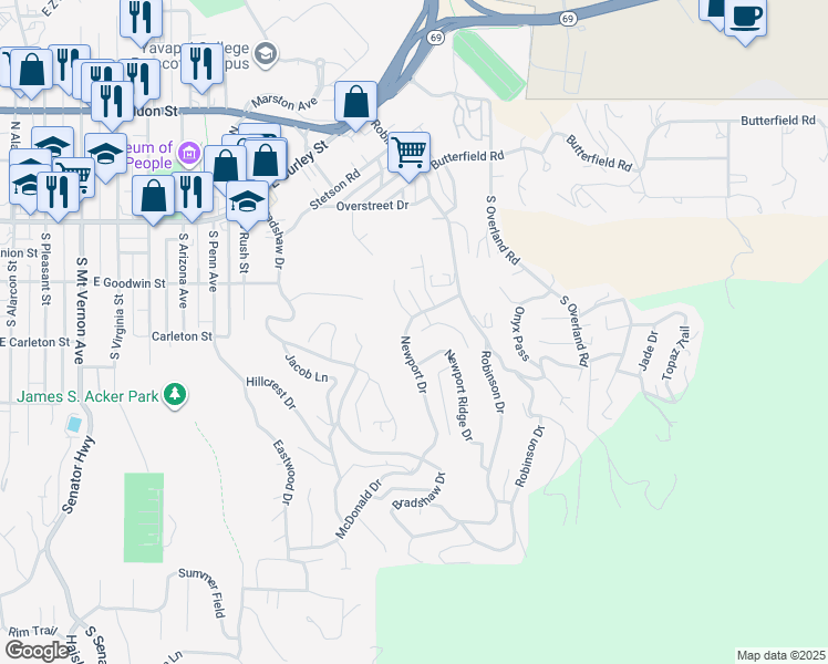 map of restaurants, bars, coffee shops, grocery stores, and more near 271 Newport Drive in Prescott
