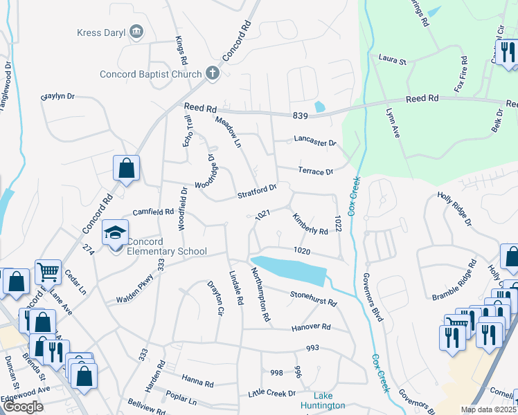 map of restaurants, bars, coffee shops, grocery stores, and more near 1104 Stratford Drive in Anderson