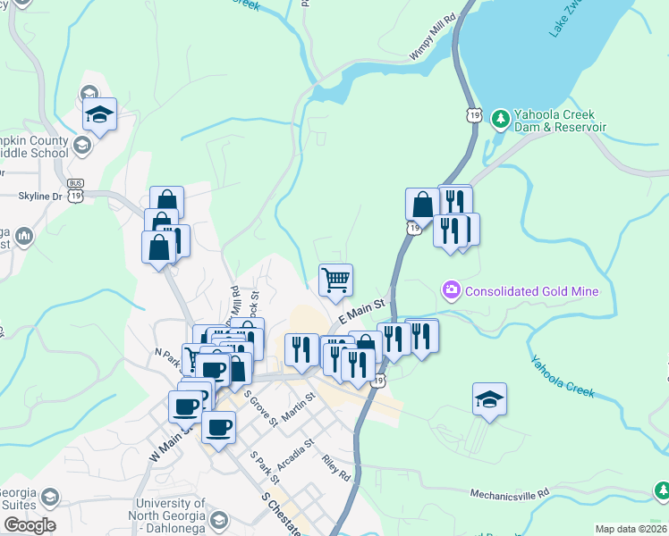 map of restaurants, bars, coffee shops, grocery stores, and more near 201 Turner Road in Dahlonega