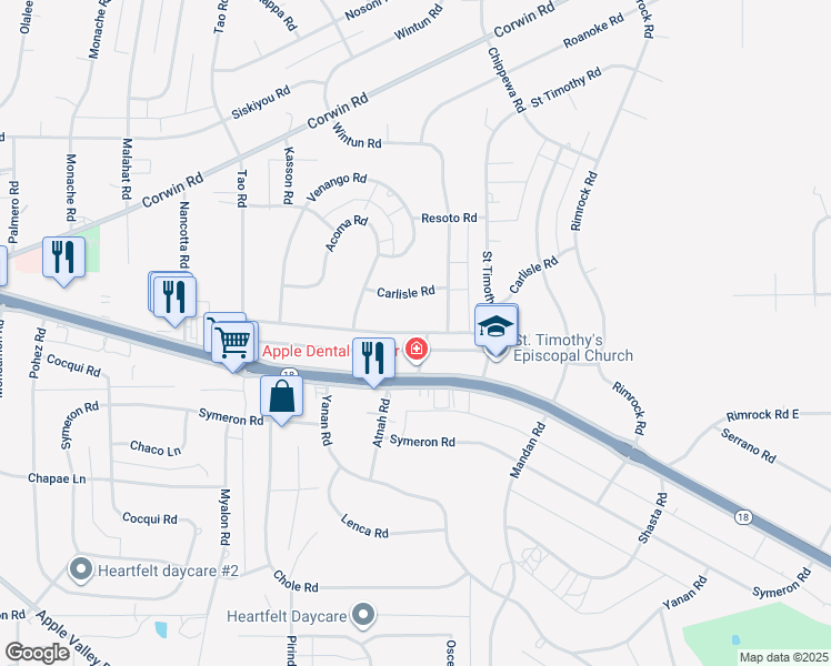 map of restaurants, bars, coffee shops, grocery stores, and more near Allegheny Road in Apple Valley