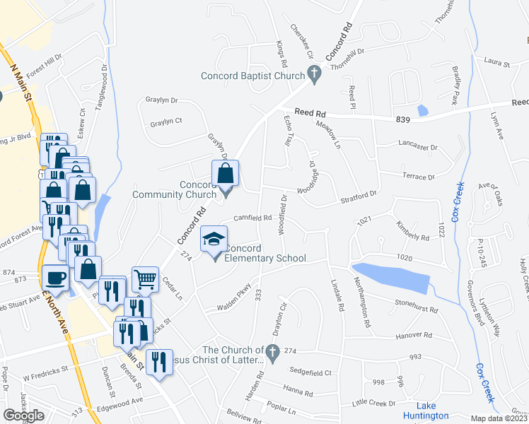 map of restaurants, bars, coffee shops, grocery stores, and more near 800 Concord Avenue in Anderson