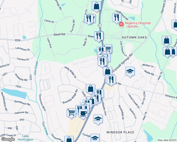 map of restaurants, bars, coffee shops, grocery stores, and more near 2A Shadow Creek Lane in Anderson