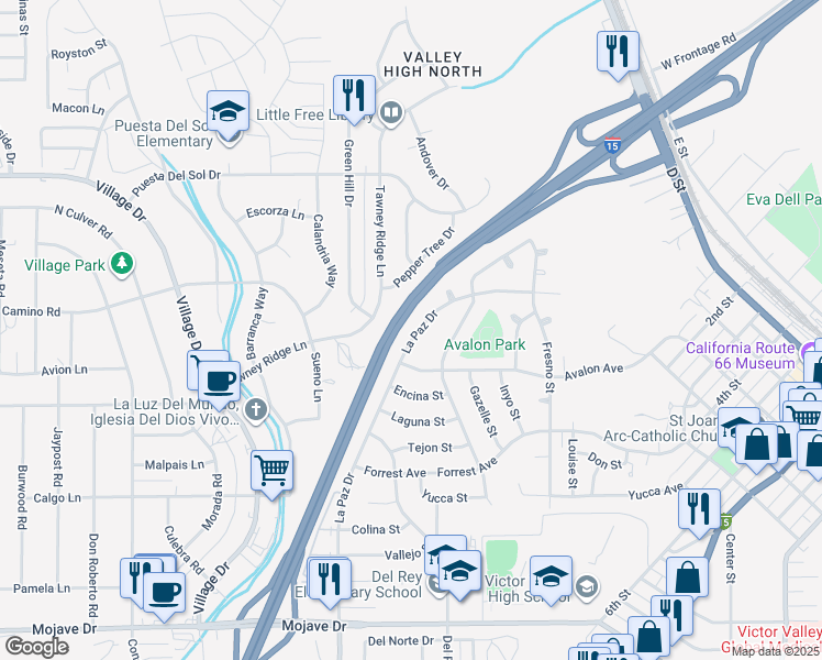 map of restaurants, bars, coffee shops, grocery stores, and more near 16121 Tawney Ridge Lane in Victorville