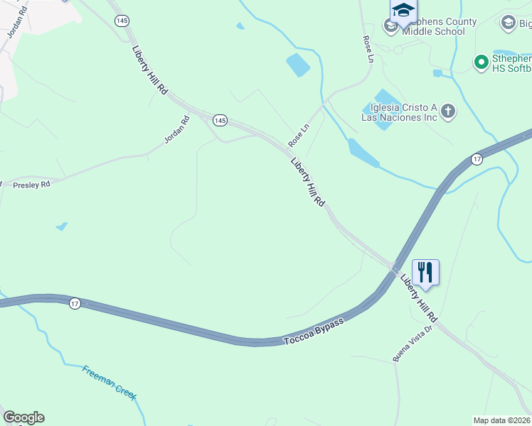 map of restaurants, bars, coffee shops, grocery stores, and more near 1582 Liberty Hill Road in Toccoa