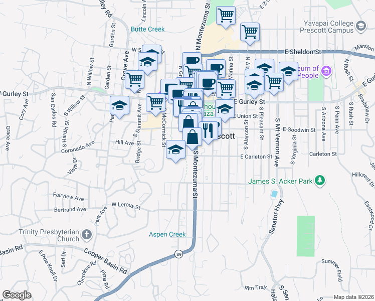 map of restaurants, bars, coffee shops, grocery stores, and more near 298 South Granite Street in Prescott