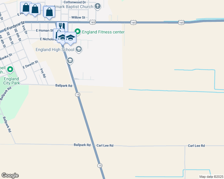 map of restaurants, bars, coffee shops, grocery stores, and more near 16787 Arkansas 15 in England