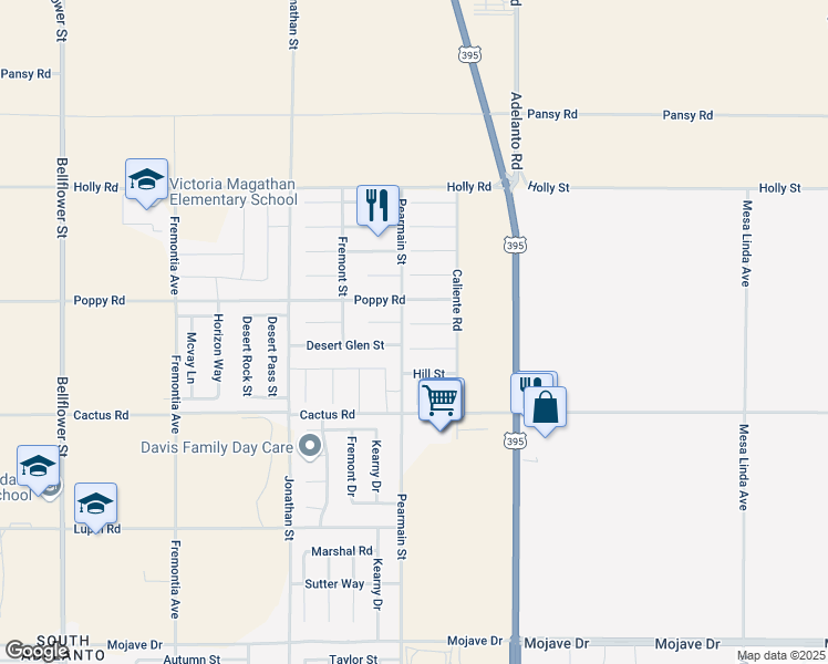 map of restaurants, bars, coffee shops, grocery stores, and more near 11923 Spring Hill Court in Adelanto