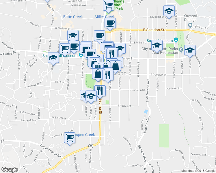 map of restaurants, bars, coffee shops, grocery stores, and more near 240 South Cortez Street in Prescott