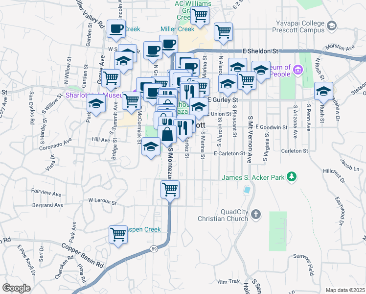 map of restaurants, bars, coffee shops, grocery stores, and more near 240 South Cortez Street in Prescott