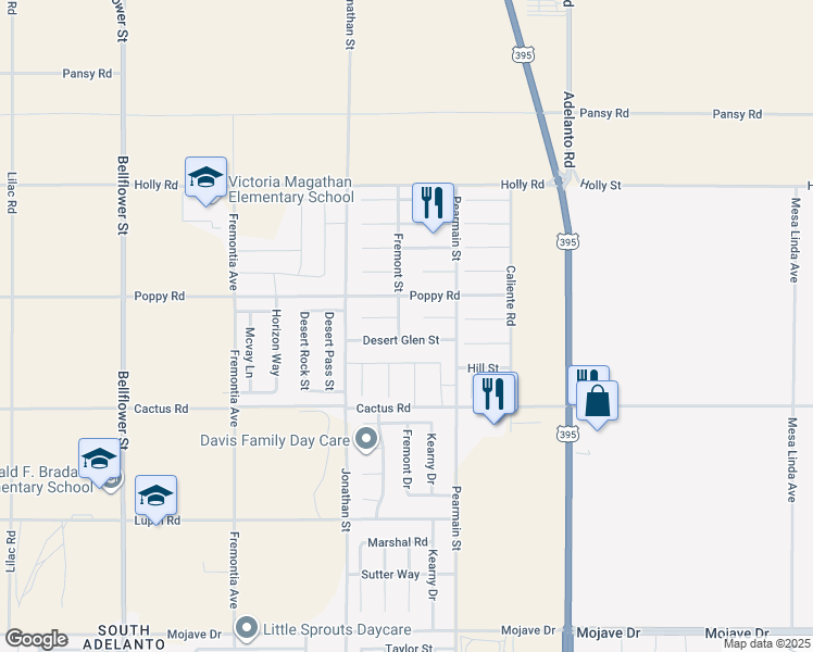 map of restaurants, bars, coffee shops, grocery stores, and more near 15857 Fremont Street in Adelanto