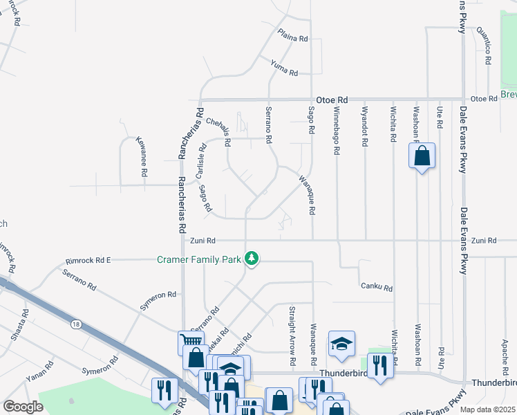map of restaurants, bars, coffee shops, grocery stores, and more near 15805 Serrano Road in Apple Valley