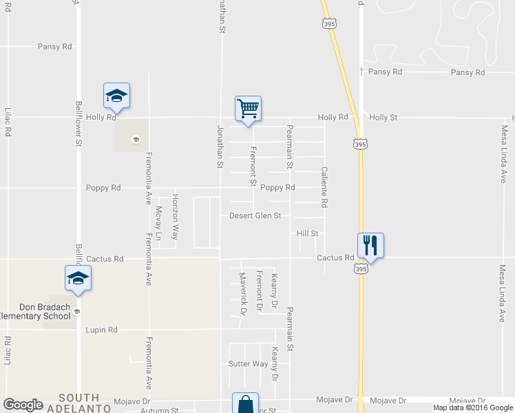 map of restaurants, bars, coffee shops, grocery stores, and more near 15857 Fremont Street in Adelanto