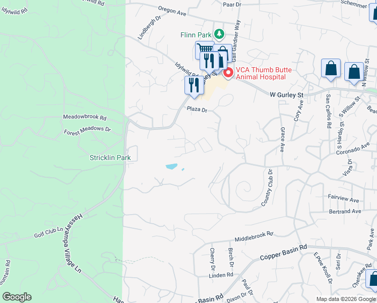 map of restaurants, bars, coffee shops, grocery stores, and more near 345 Country Club Circle in Prescott