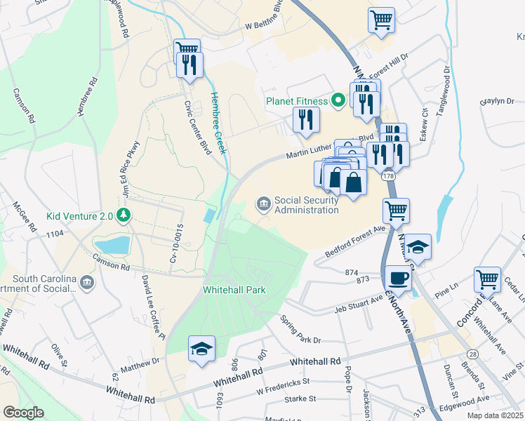 map of restaurants, bars, coffee shops, grocery stores, and more near 4 Civic Center Boulevard Extension in Anderson