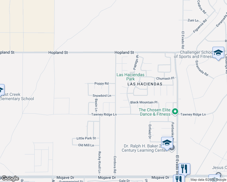 map of restaurants, bars, coffee shops, grocery stores, and more near 15846 Cordova Road in Victorville