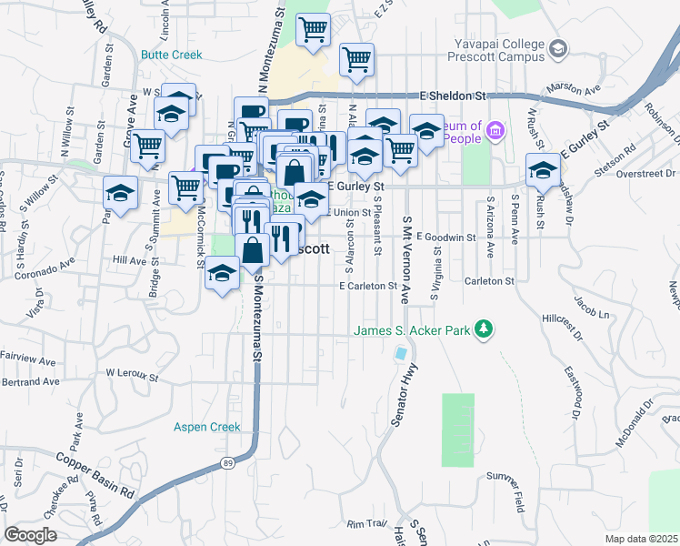 map of restaurants, bars, coffee shops, grocery stores, and more near 221 South Marina Street in Prescott
